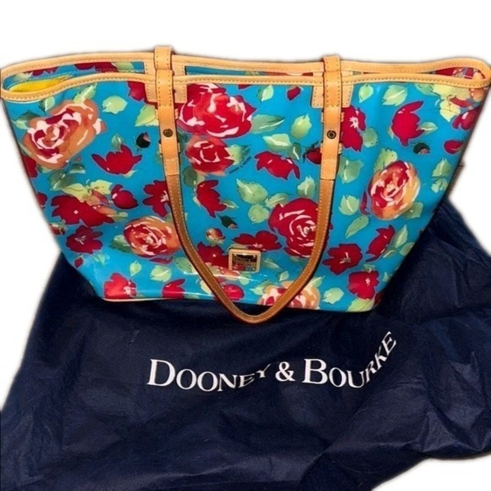 Dooney Bourke Blue Red‎ Floral Rose Large Tote Polyvinyl & Vacchetta Leather